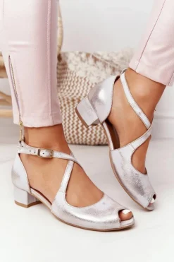 Damskie Maciejka Skórzane Sandały Na Obcasie 04509-45 Beżowo-Złote