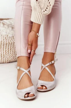 Damskie Maciejka Skórzane Sandały Na Obcasie 04509-45 Beżowo-Złote