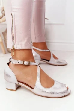 Damskie Maciejka Skórzane Sandały Na Obcasie 04509-45 Beżowo-Złote