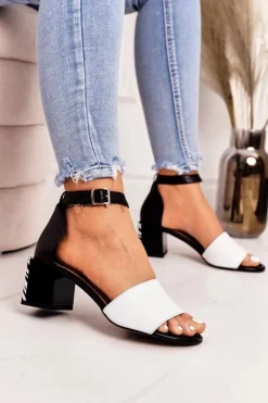 Damskie Laura Messi Skórzane Sandały Na Obcasie 2285 Zebra Czarne