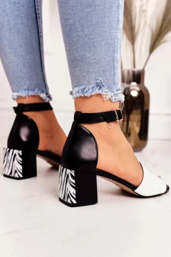 Damskie Laura Messi Skórzane Sandały Na Obcasie 2285 Zebra Czarne