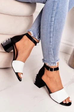 Damskie Laura Messi Skórzane Sandały Na Obcasie 2285 Zebra Czarne