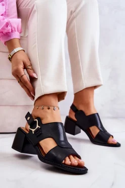 Damskie Boto Skórzane Sandały Na Obcasie La.Fi Czarne Leratto