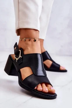 Damskie Boto Skórzane Sandały Na Obcasie La.Fi Czarne Leratto