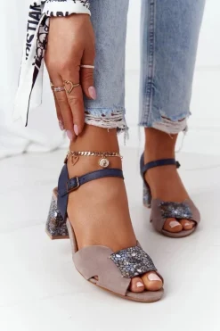 Damskie Maciejka Skórzane Sandały Na Obcasie 04120-43 Beżowo-Granatowe