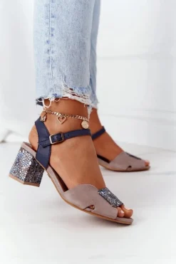 Damskie Maciejka Skórzane Sandały Na Obcasie 04120-43 Beżowo-Granatowe