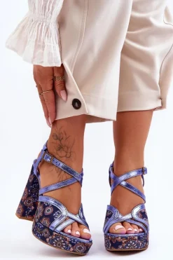 Damskie Maciejka Skórzane Sandały Na Obcasie 06084-17 Granatowe