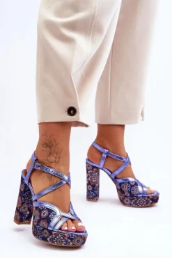 Damskie Maciejka Skórzane Sandały Na Obcasie 06084-17 Granatowe