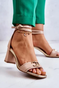 Damskie Laura Messi Skórzane Sandały Na Obcasie 2425 Beżowe