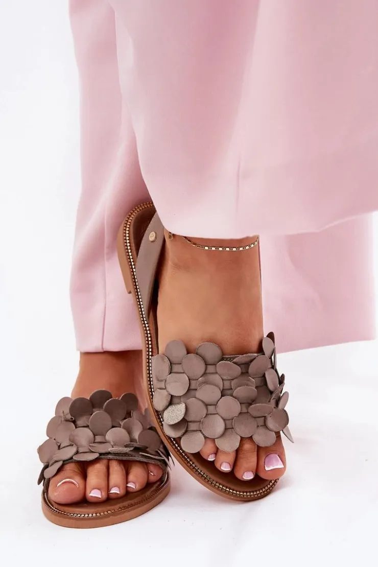 Zazoo Sandały Płaskie*Skórzane Sandały Na Płaskim Obcasie 40425 Ciemnobeżowe