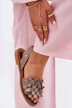 Zazoo Sandały Płaskie*Skórzane Sandały Na Płaskim Obcasie 40425 Ciemnobeżowe