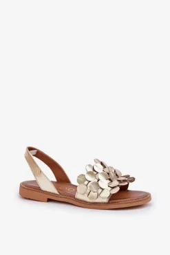 Damskie Zazoo Skórzane Sandały Na Płaskim Obcasie 40425 Złote