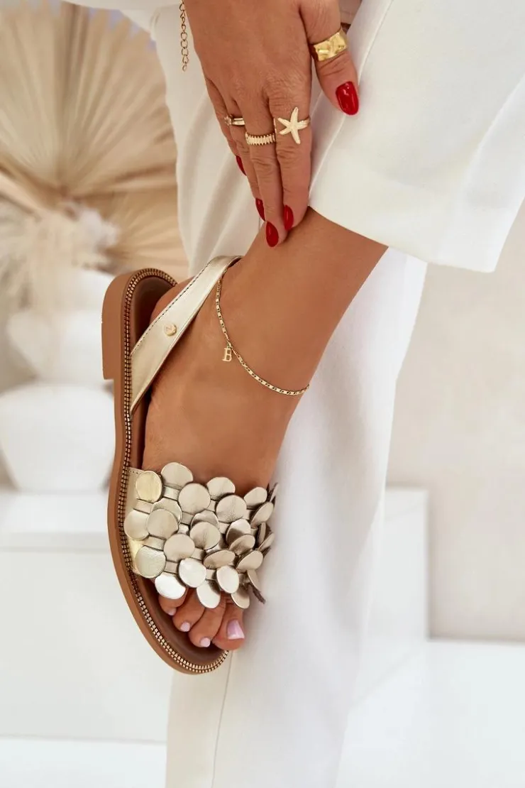 Damskie Zazoo Skórzane Sandały Na Płaskim Obcasie 40425 Złote