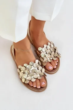 Damskie Zazoo Skórzane Sandały Na Płaskim Obcasie 40425 Złote