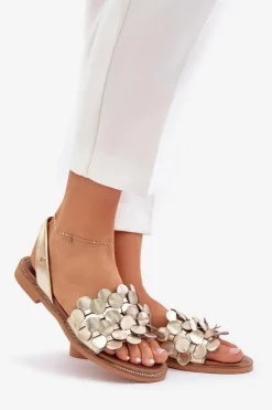 Damskie Zazoo Skórzane Sandały Na Płaskim Obcasie 40425 Złote