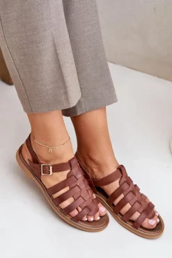 Boto Sandały Płaskie*Skórzane Sandały Na Płaskim Obcasie Zazoo 3686 Brązowe Brązowy