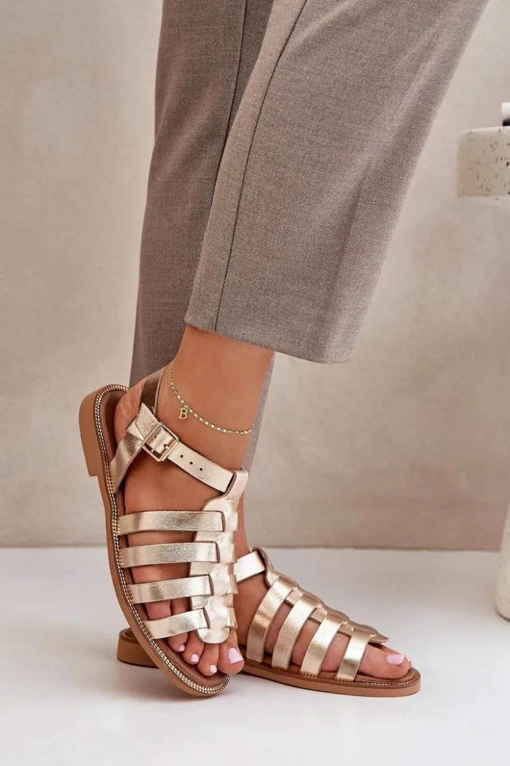 Online Boto Skórzane Sandały Na Płaskim Obcasie Zazoo 3686 Złote Złoty