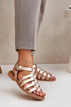 Online Boto Skórzane Sandały Na Płaskim Obcasie Zazoo 3686 Złote Złoty