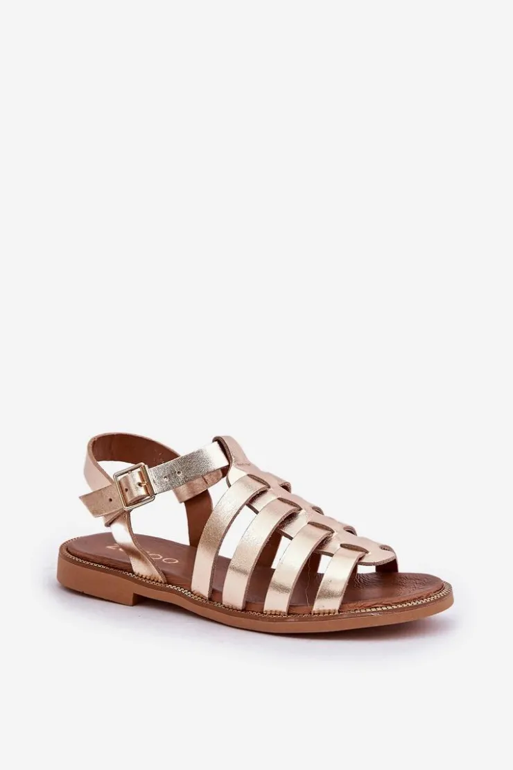 Online Boto Skórzane Sandały Na Płaskim Obcasie Zazoo 3686 Złote Złoty