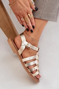 Online Boto Skórzane Sandały Na Płaskim Obcasie Zazoo 3686 Złote Złoty