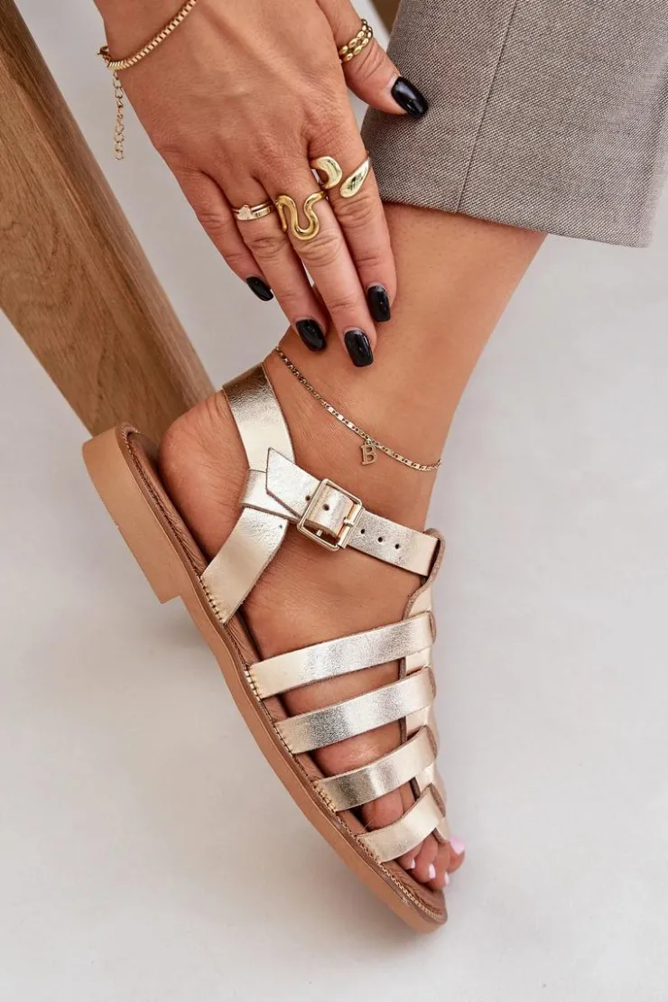 Online Boto Skórzane Sandały Na Płaskim Obcasie Zazoo 3686 Złote Złoty