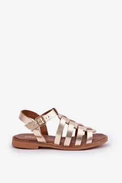 Online Boto Skórzane Sandały Na Płaskim Obcasie Zazoo 3686 Złote Złoty