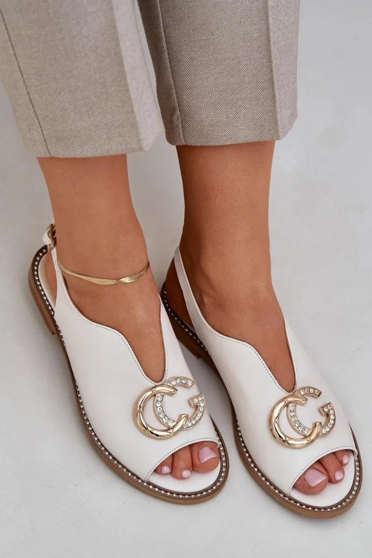 Laura Messi Sandały Płaskie*Skórzane Sandały Na Płaskim Obcasie Z Ozdobą 2865 Jasnobeżowe Beżowy