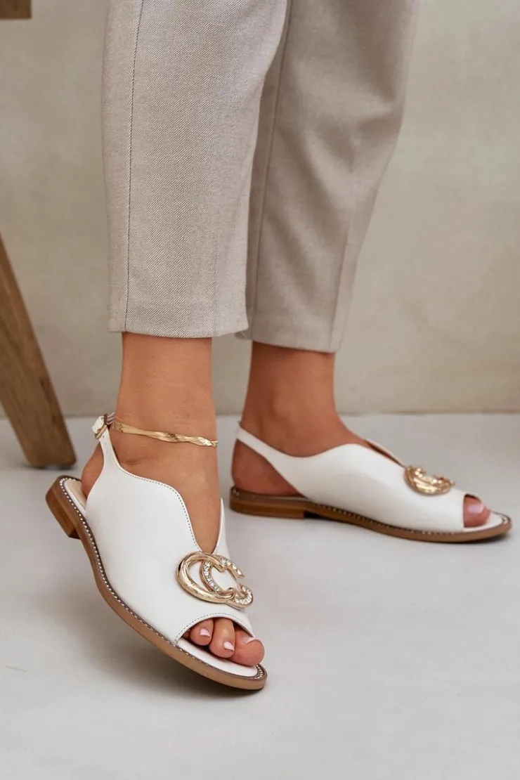 Laura Messi Sandały Płaskie*Skórzane Sandały Na Płaskim Obcasie Z Ozdobą 2865 Jasnobeżowe Beżowy