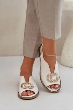Laura Messi Sandały Płaskie*Skórzane Sandały Na Płaskim Obcasie Z Ozdobą 2865 Jasnobeżowe Beżowy