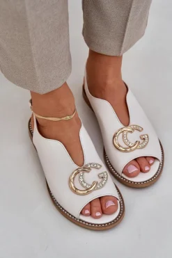 Laura Messi Sandały Płaskie*Skórzane Sandały Na Płaskim Obcasie Z Ozdobą 2865 Jasnobeżowe Beżowy