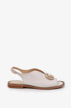 Laura Messi Sandały Płaskie*Skórzane Sandały Na Płaskim Obcasie Z Ozdobą 2865 Jasnobeżowe Beżowy