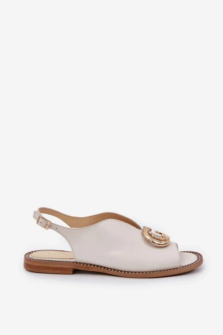 Laura Messi Sandały Płaskie*Skórzane Sandały Na Płaskim Obcasie Z Ozdobą 2865 Jasnobeżowe Beżowy