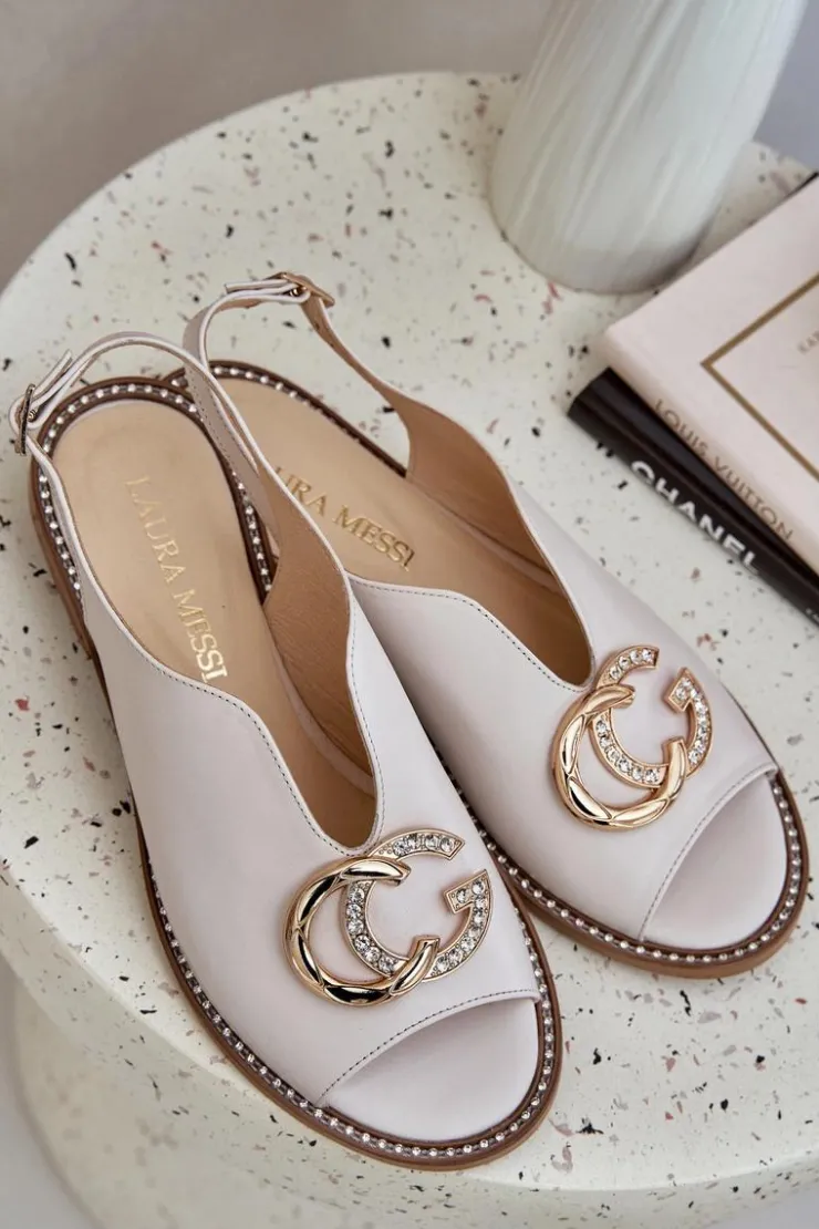 Laura Messi Sandały Płaskie*Skórzane Sandały Na Płaskim Obcasie Z Ozdobą 2865 Jasnobeżowe Beżowy