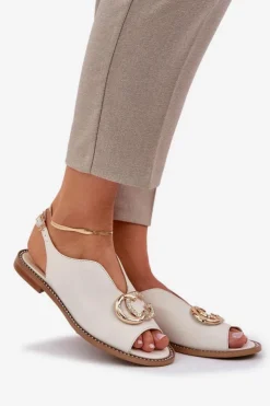 Laura Messi Sandały Płaskie*Skórzane Sandały Na Płaskim Obcasie Z Ozdobą 2865 Jasnobeżowe Beżowy
