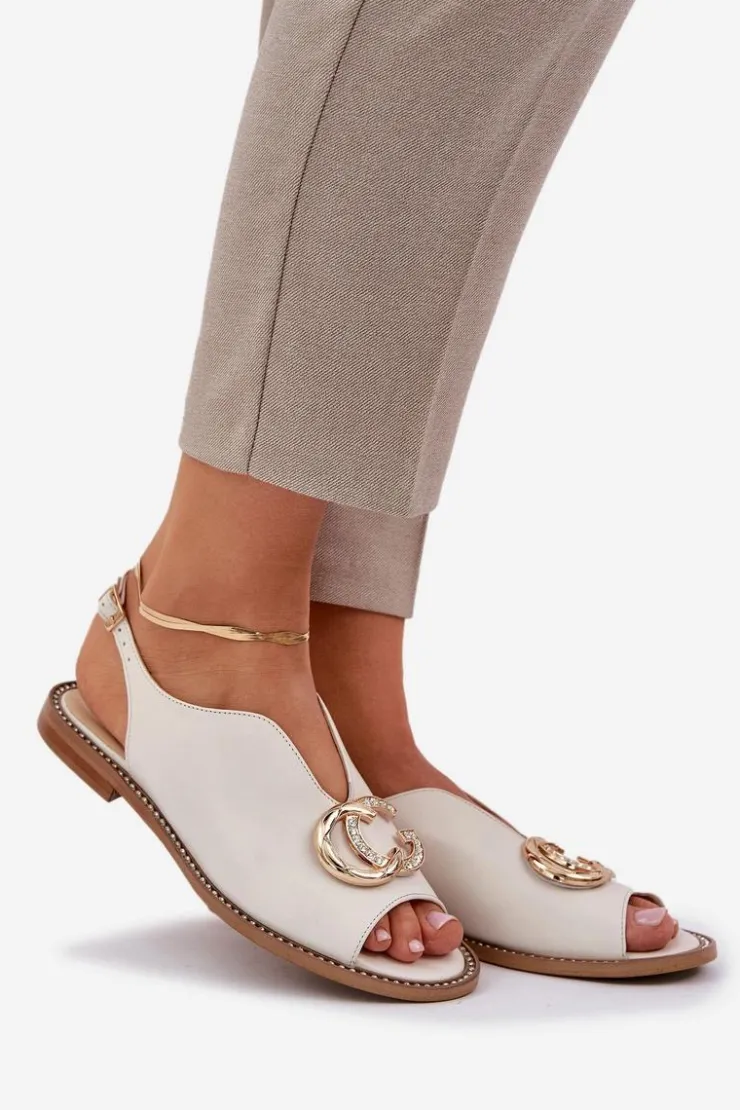 Laura Messi Sandały Płaskie*Skórzane Sandały Na Płaskim Obcasie Z Ozdobą 2865 Jasnobeżowe Beżowy