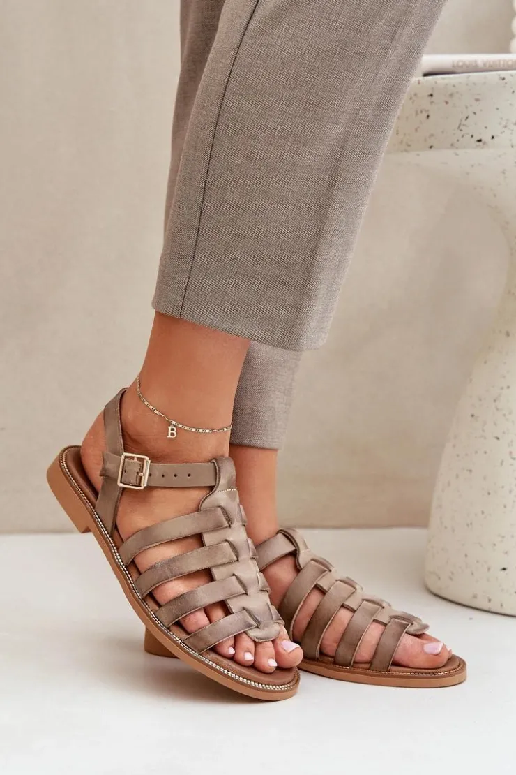 Damskie Boto Skórzane Sandały Na Płaskim Obcasie Zazoo 3686 Ciemnobeżowe