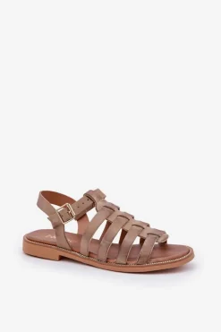 Damskie Boto Skórzane Sandały Na Płaskim Obcasie Zazoo 3686 Ciemnobeżowe