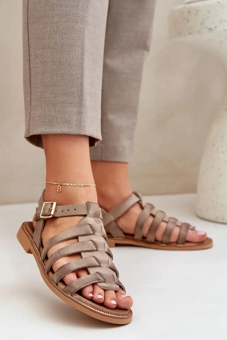 Damskie Boto Skórzane Sandały Na Płaskim Obcasie Zazoo 3686 Ciemnobeżowe