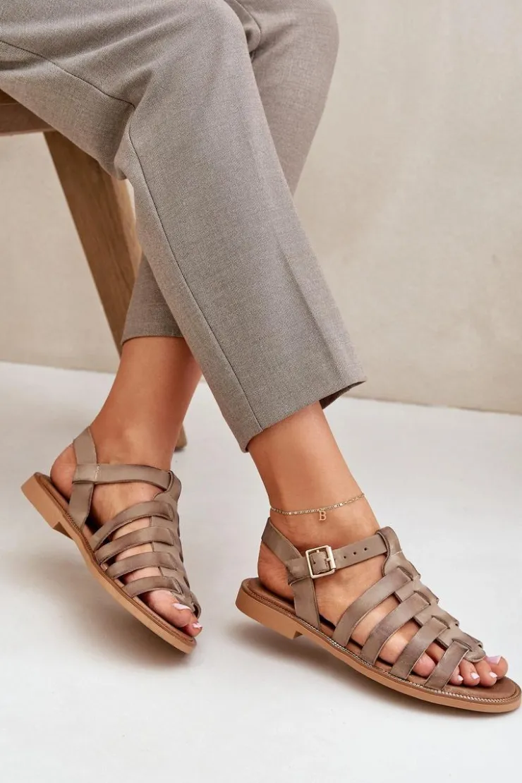 Damskie Boto Skórzane Sandały Na Płaskim Obcasie Zazoo 3686 Ciemnobeżowe