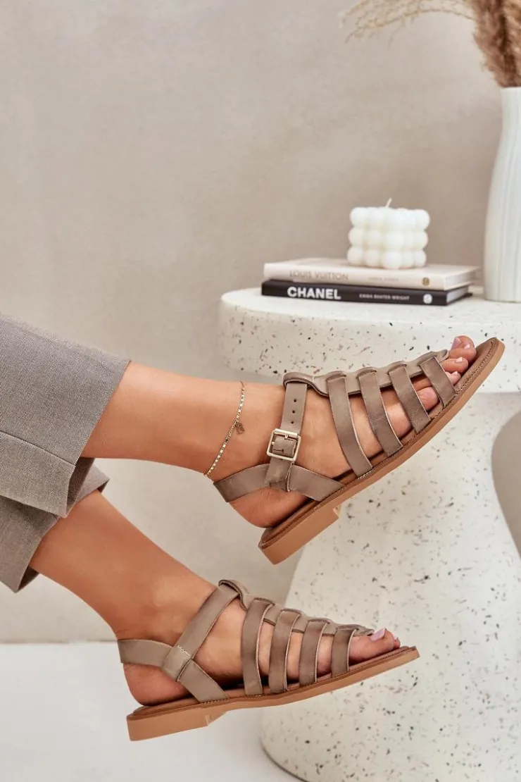 Damskie Boto Skórzane Sandały Na Płaskim Obcasie Zazoo 3686 Ciemnobeżowe