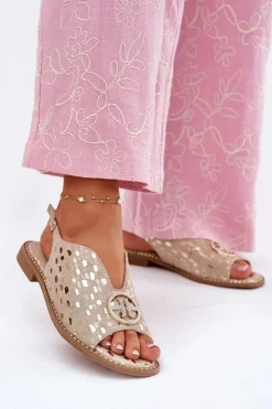 Damskie buty S.Barski Sandały Płaskie*Skórzane Sandały Na Płaskim Obcasie Z Ozdobą S.Barski KV51-094 Złote Złoty