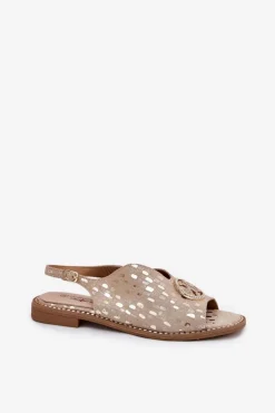 Damskie buty S.Barski Sandały Płaskie*Skórzane Sandały Na Płaskim Obcasie Z Ozdobą S.Barski KV51-094 Złote Złoty