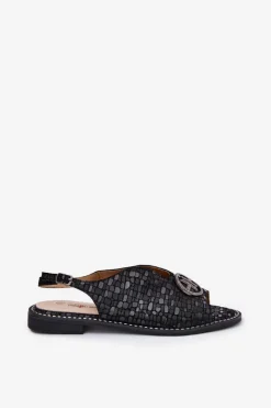 Hot Damskie buty S.Barski Skórzane Sandały Na Płaskim Obcasie Z Ozdobą S.Barski KV51-094 Czarne Czarny