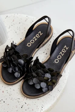 Zazoo Sandały Płaskie*Skórzane Sandały Na Płaskim Obcasie 40425 Czarne Czarny