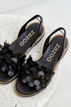 Zazoo Sandały Płaskie*Skórzane Sandały Na Płaskim Obcasie 40425 Czarne Czarny