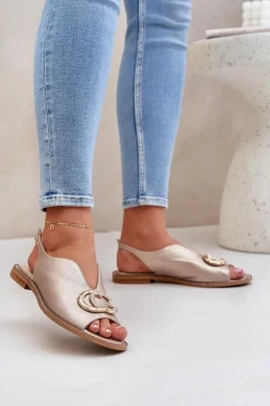 Damskie Laura Messi Skórzane Sandały Na Płaskim Obcasie Z Ozdobą 2865 Złote