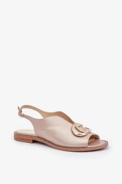 Damskie Laura Messi Skórzane Sandały Na Płaskim Obcasie Z Ozdobą 2865 Złote