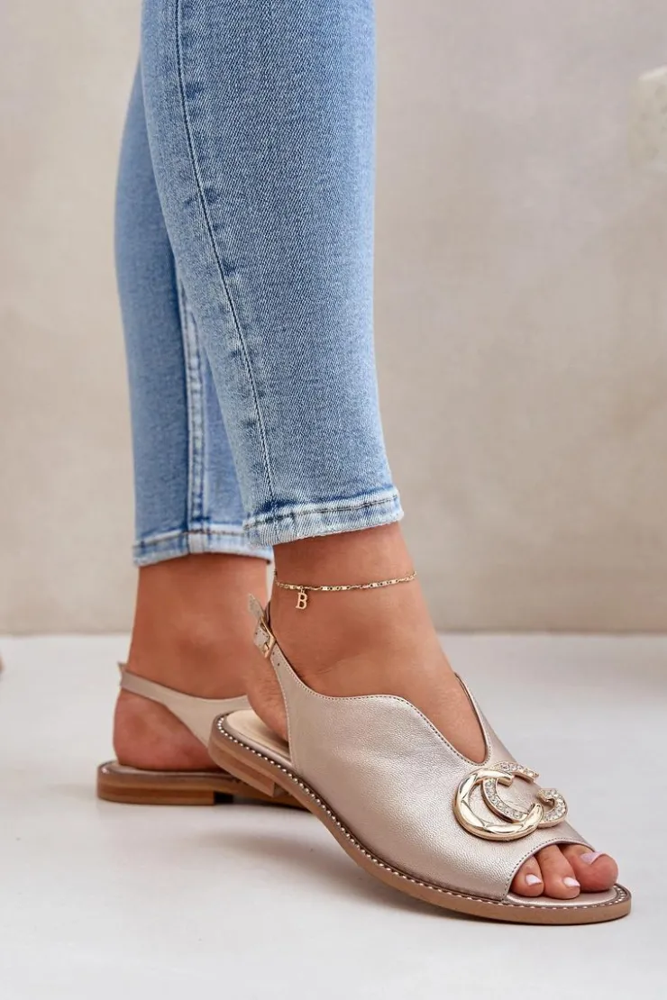 Damskie Laura Messi Skórzane Sandały Na Płaskim Obcasie Z Ozdobą 2865 Złote