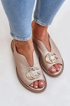 Damskie Laura Messi Skórzane Sandały Na Płaskim Obcasie Z Ozdobą 2865 Złote