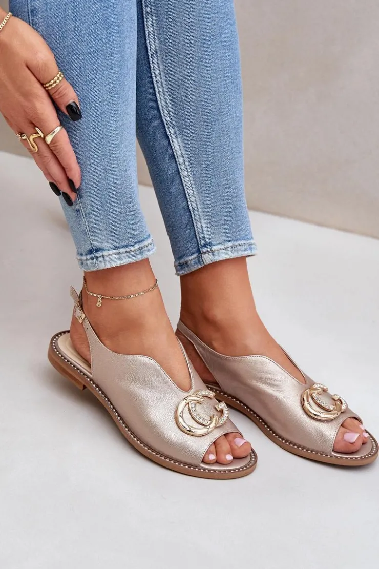 Damskie Laura Messi Skórzane Sandały Na Płaskim Obcasie Z Ozdobą 2865 Złote